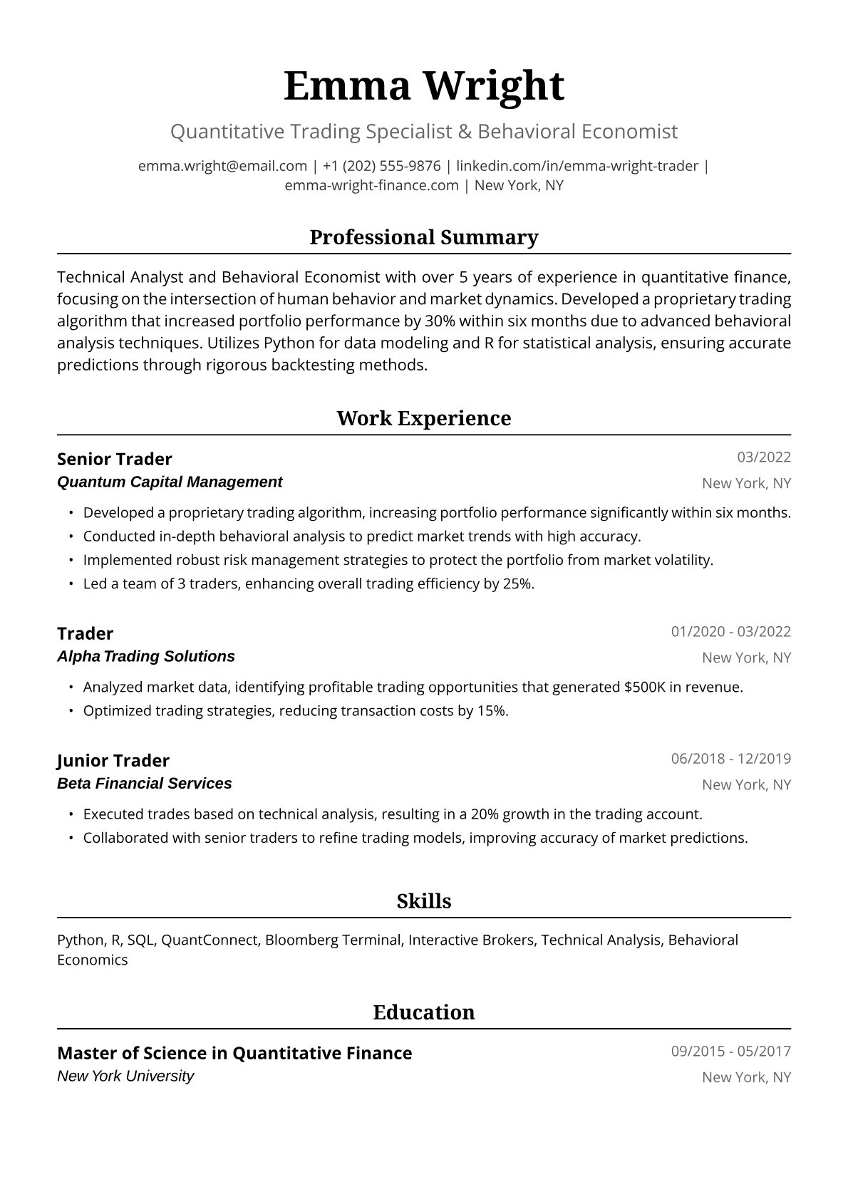 Trader Resume Example