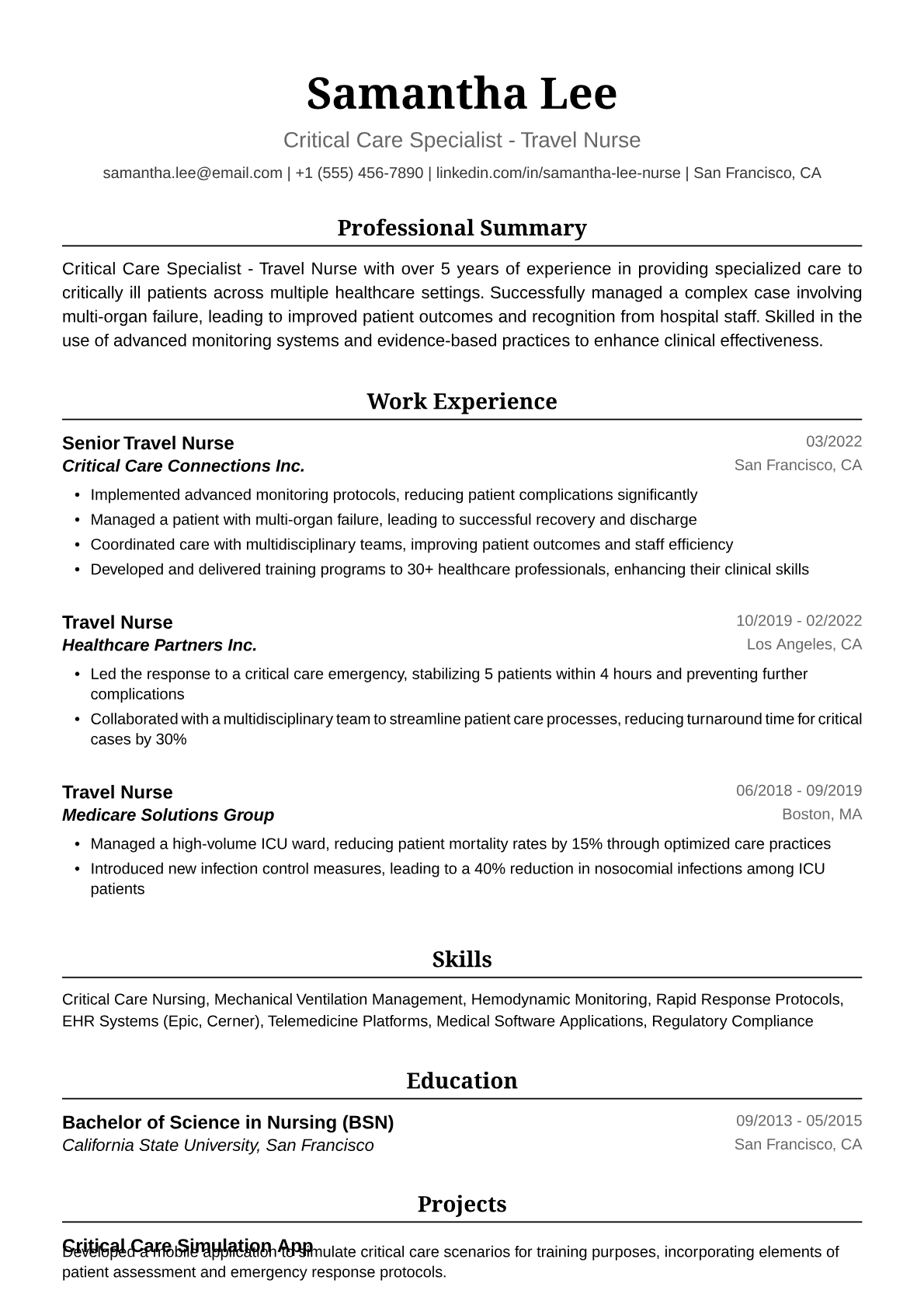 Travel Nurse Resume Example