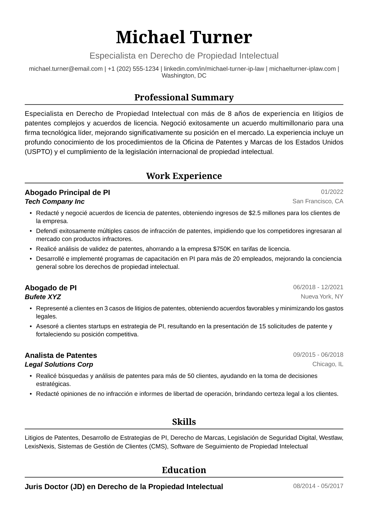 Ejemplo de Currículum de Abogado