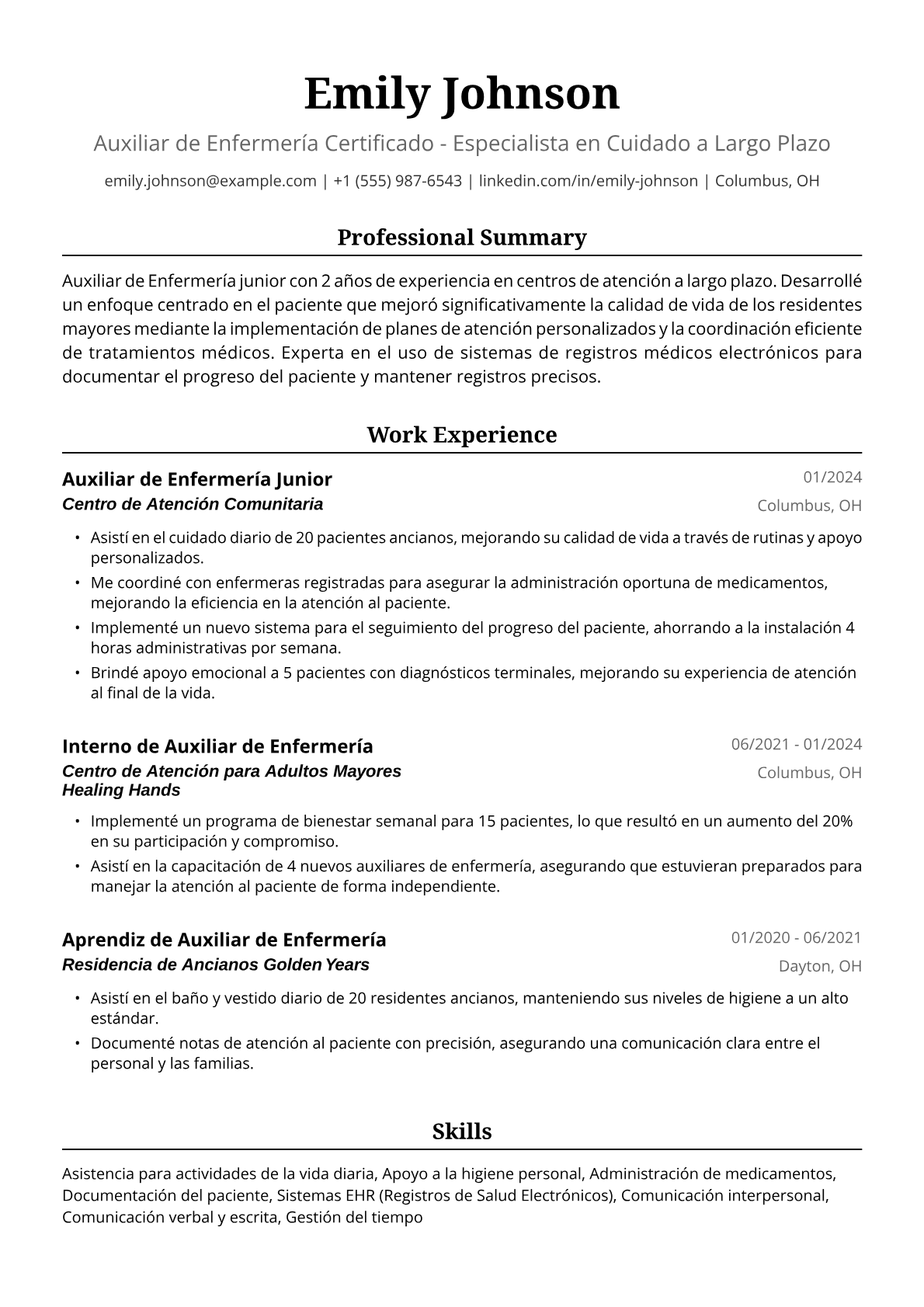 Ejemplo de Currículum para Auxiliar de Enfermería Junior