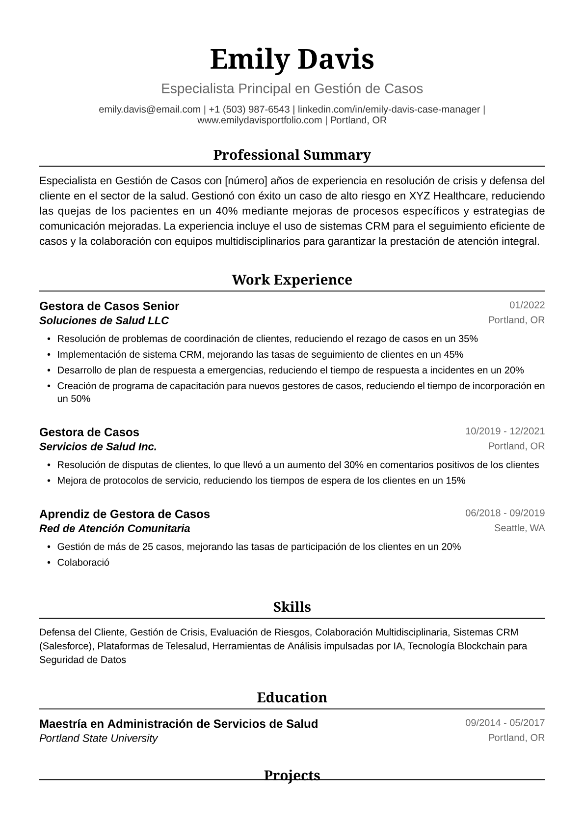 Ejemplo de Currículum Vitae de Gestora de Casos