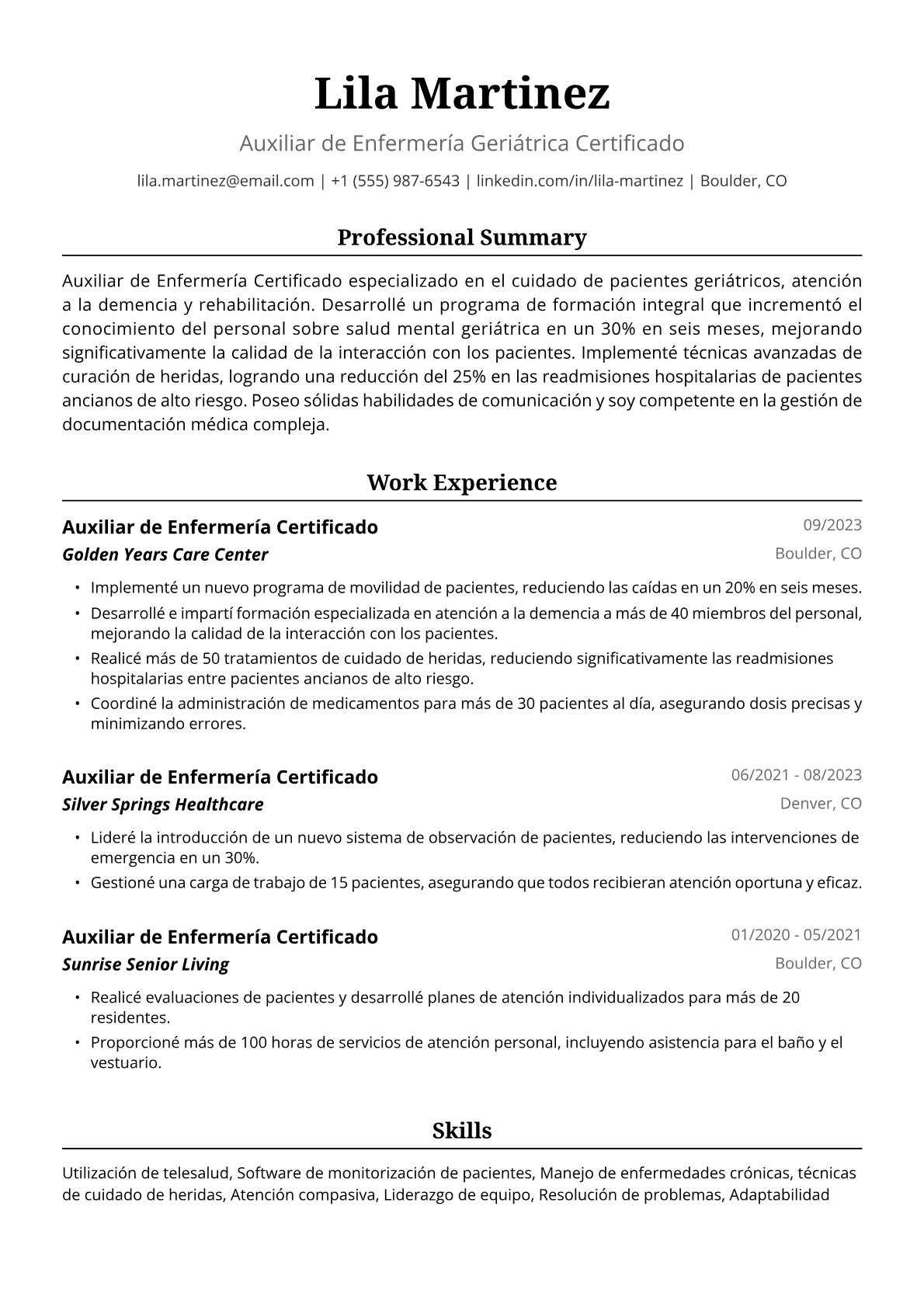 Ejemplo de Currículum Vitae de Auxiliar de Enfermería