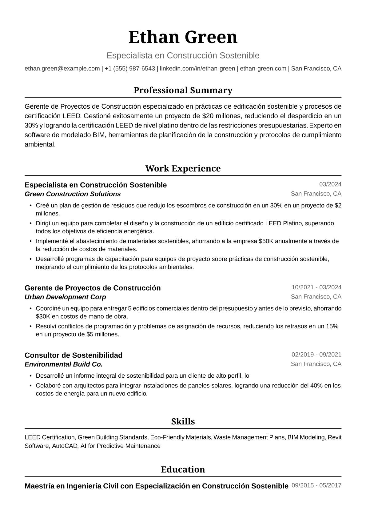 Ejemplo de Currículum de Constructor