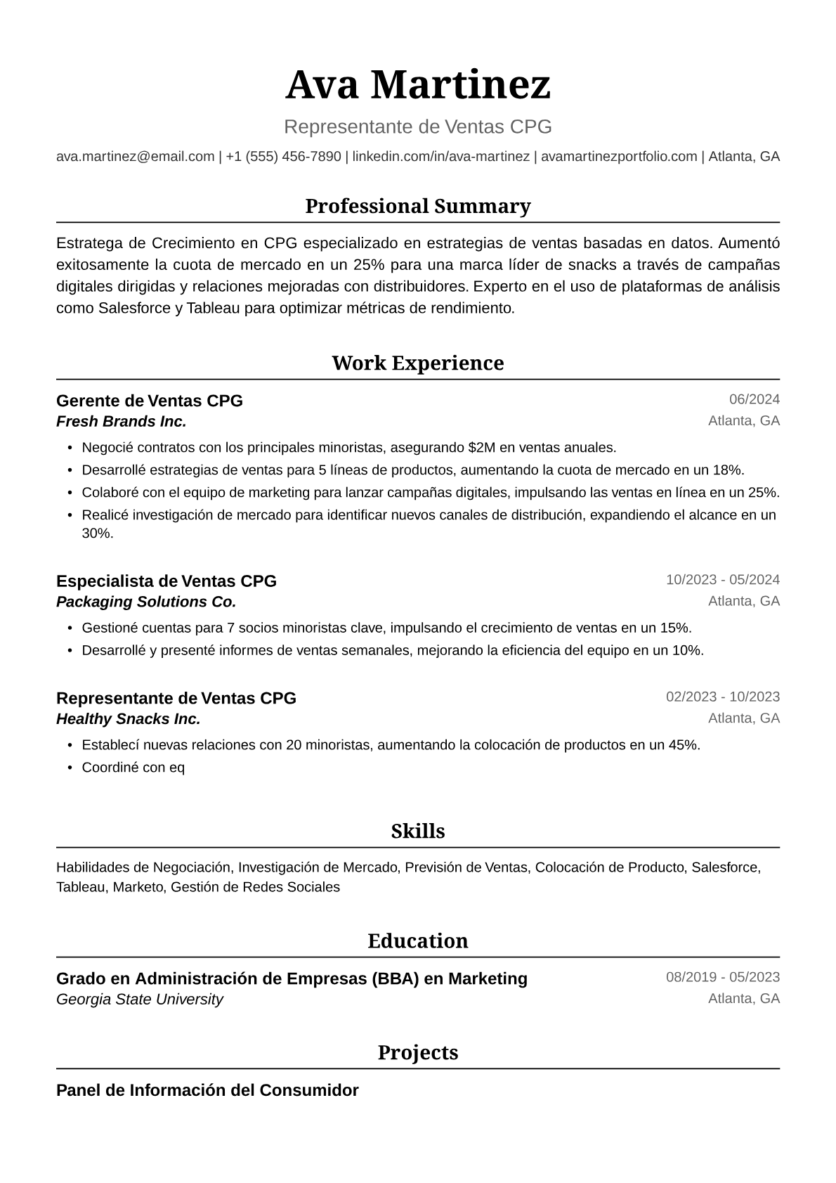Ejemplo de Currículum de Representante de Ventas CPG
