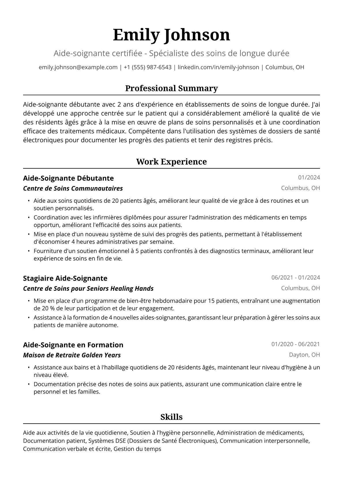 Exemple de CV d'Aide-Soignante Débutante