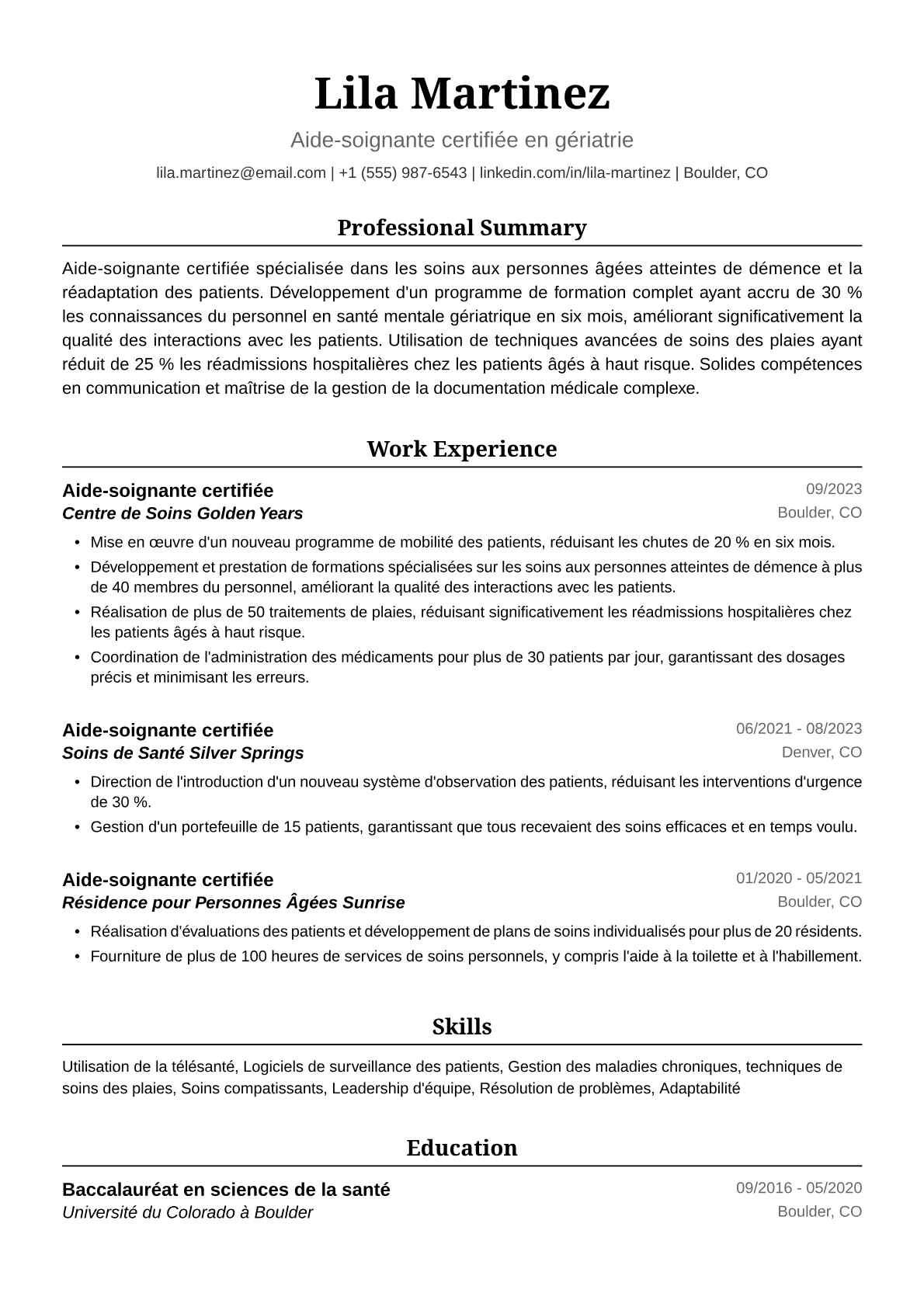 Exemple de CV d'Aide-Soignante