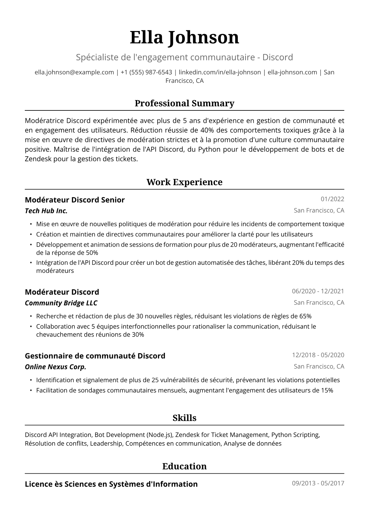 Exemple de CV de Modératrice Discord