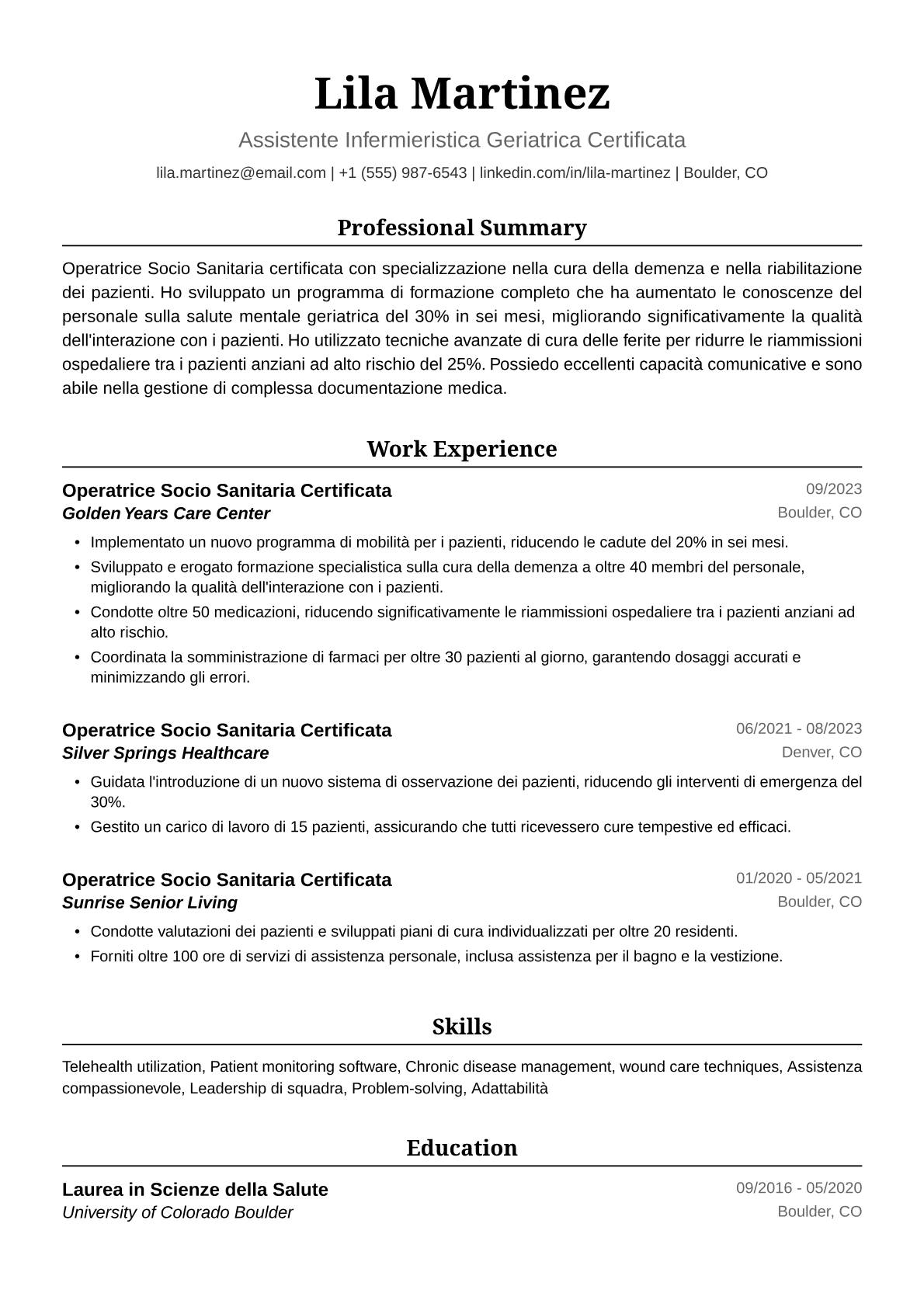 Esempio Curriculum Operatrice Socio Sanitaria (OSS)
