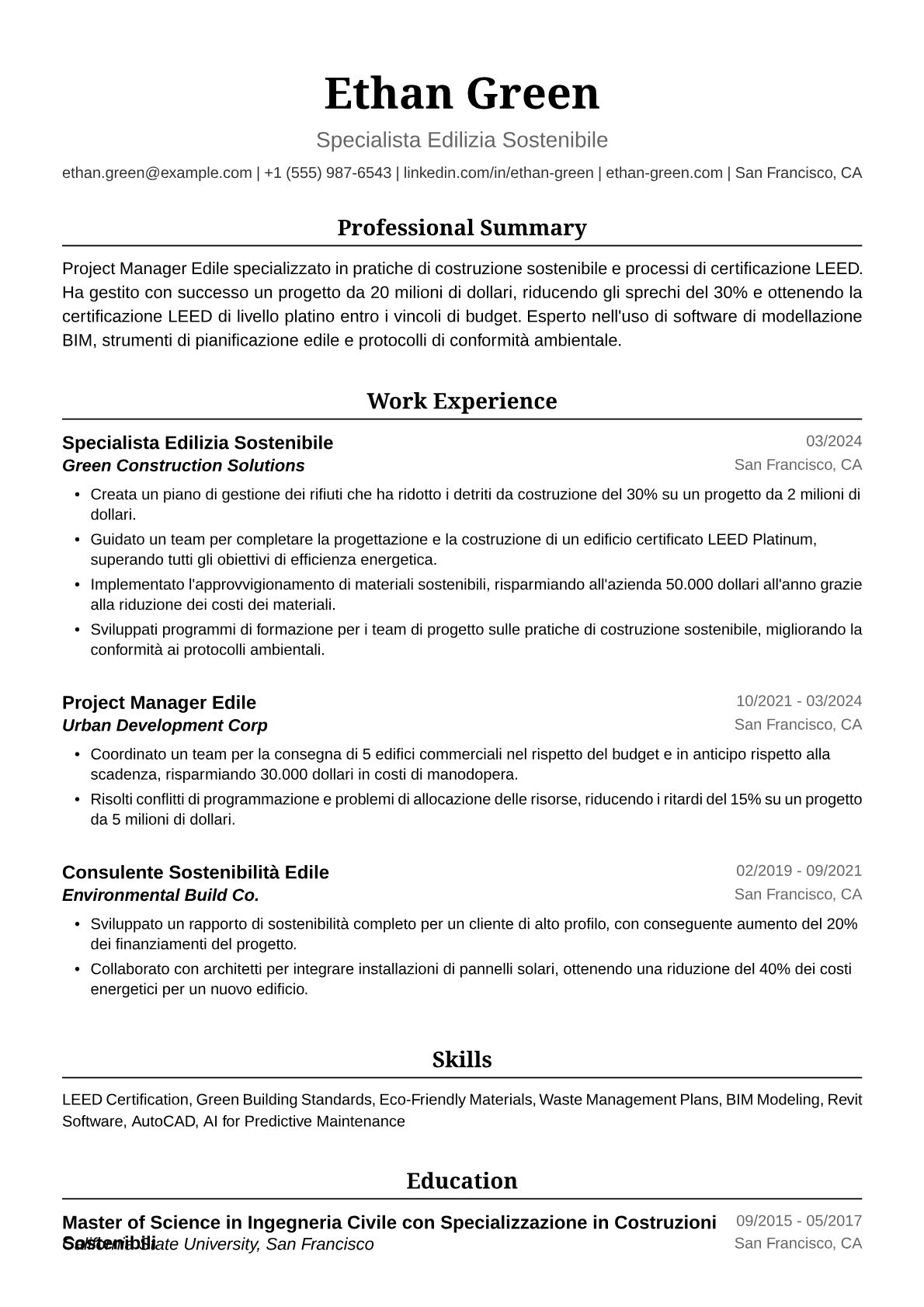 Esempio Curriculum Vitae Edile