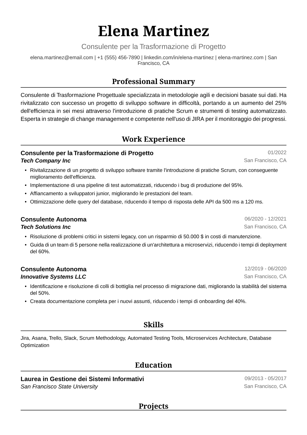 Esempio Curriculum Vitae Collaboratrice Autonoma