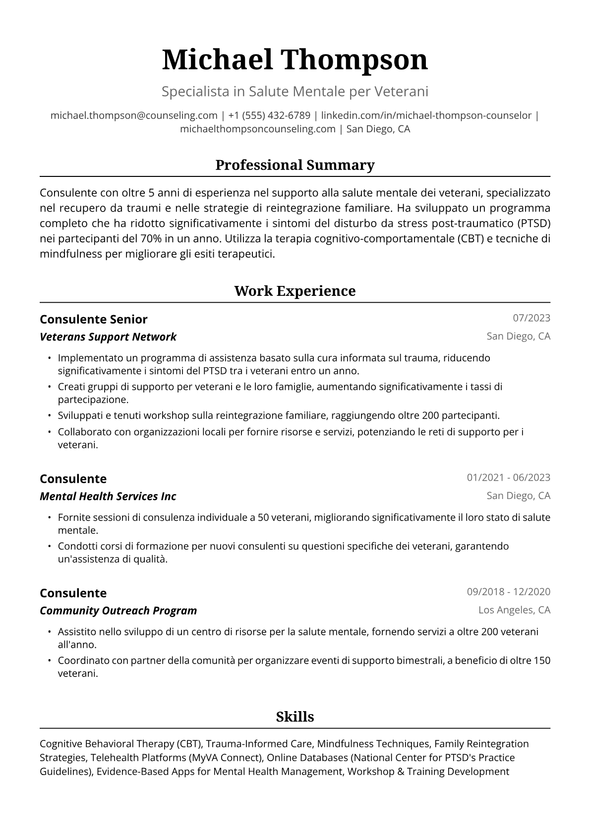 Esempio di Curriculum per Consulente