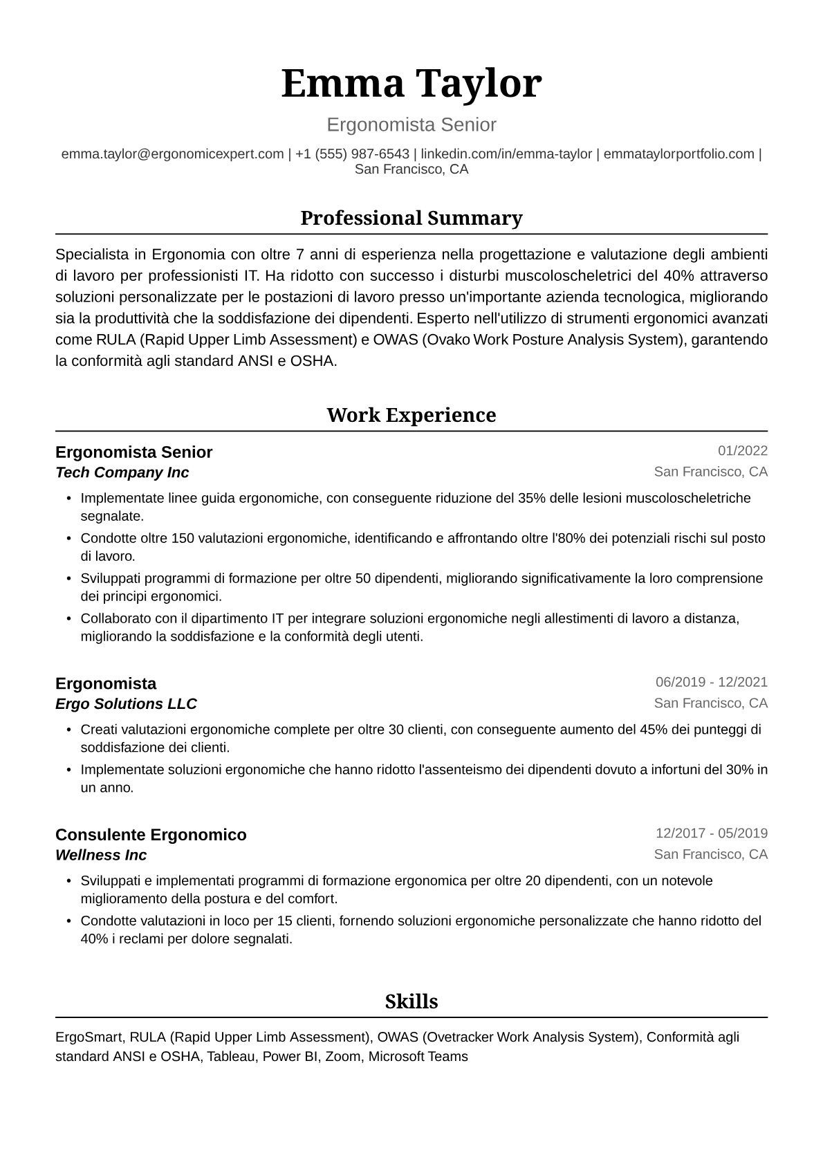 Esempio di Curriculum Vitae per Ergonomista