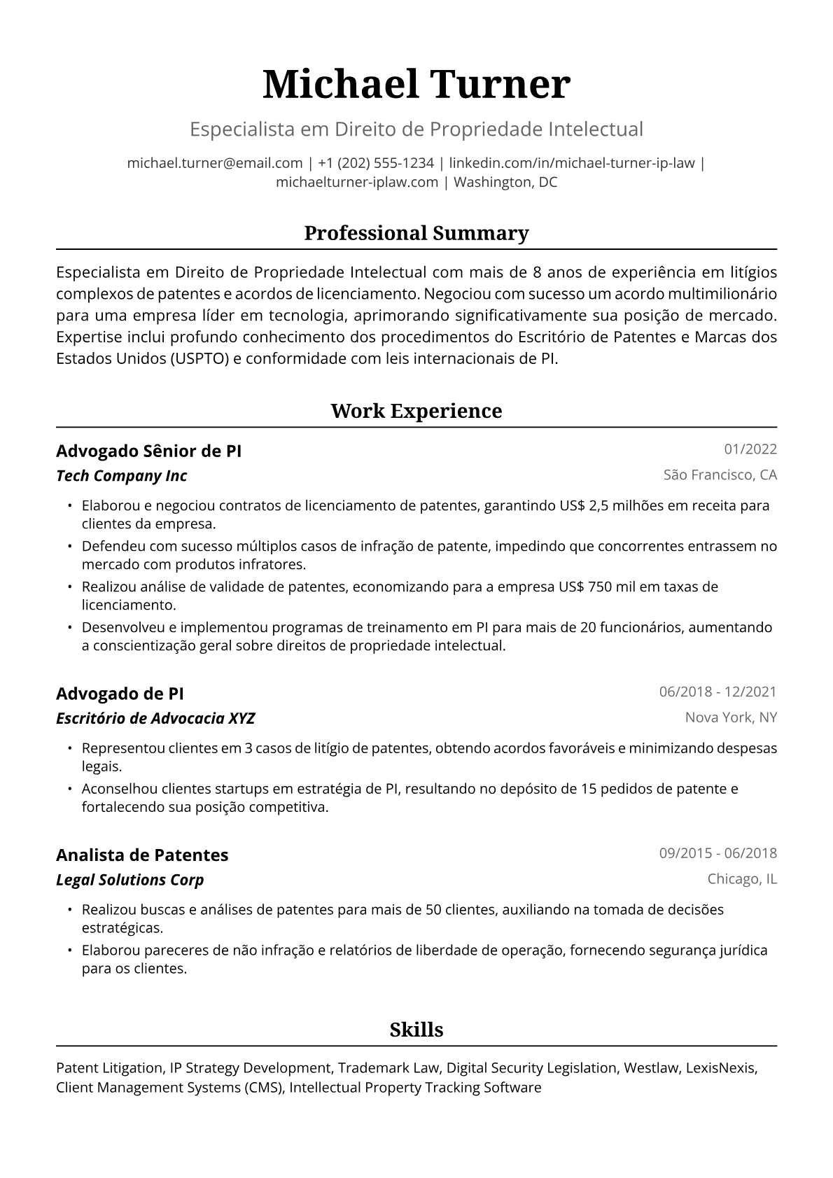 Exemplo de Currículo de Advogado