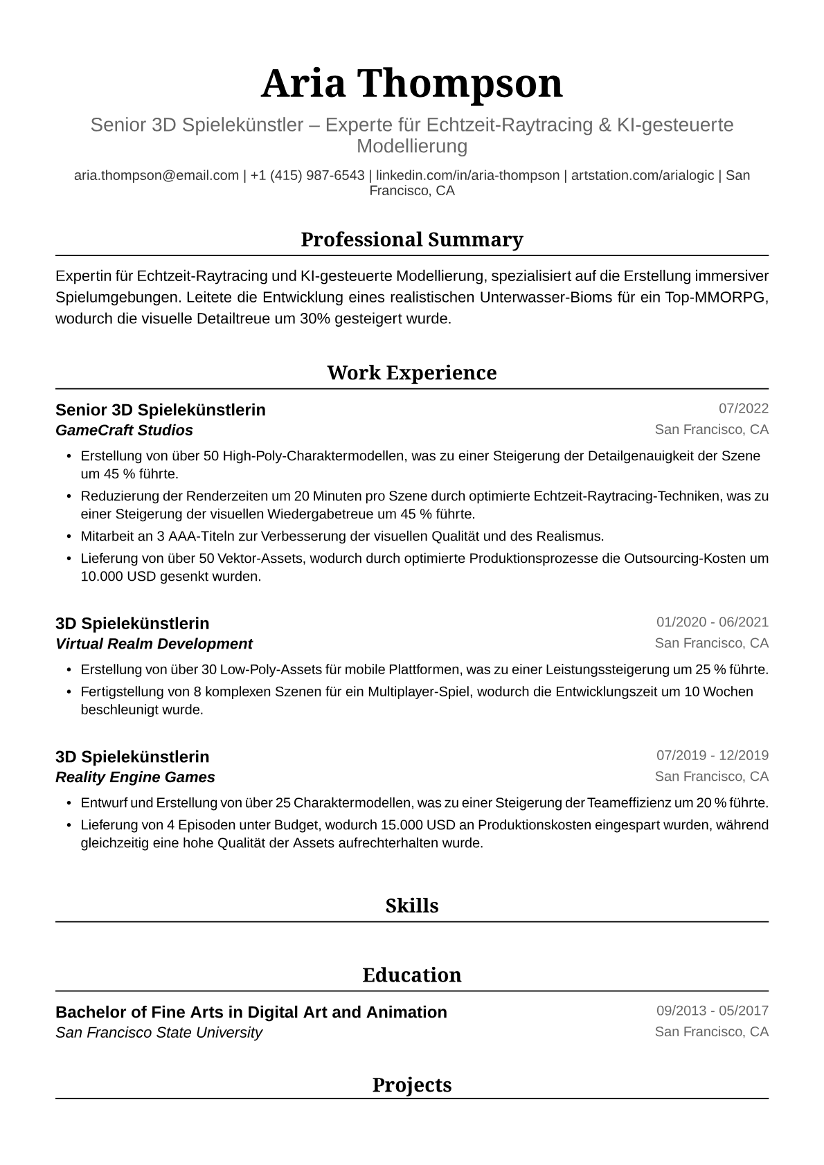 Lebenslauf-Beispiel für 3D-Spieleentwicklerin Resume Example