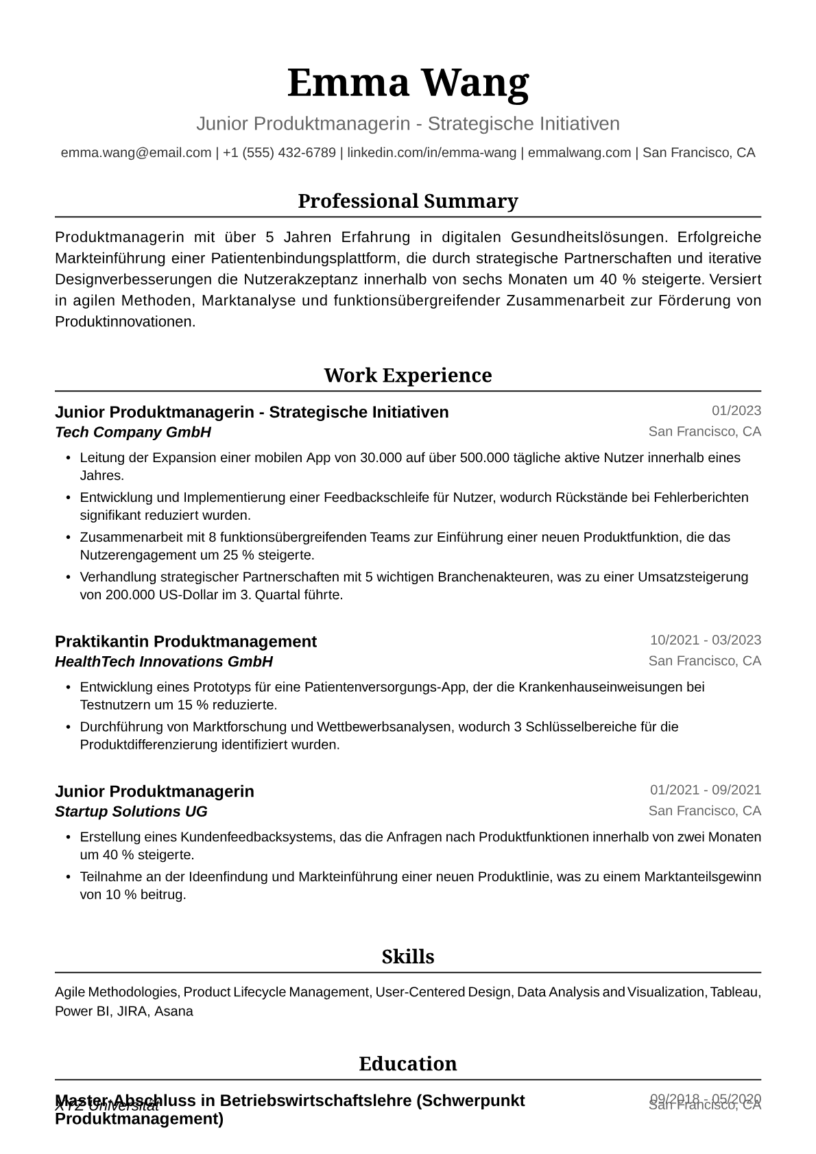 Beispiel-Lebenslauf für Junior Produktmanagerin