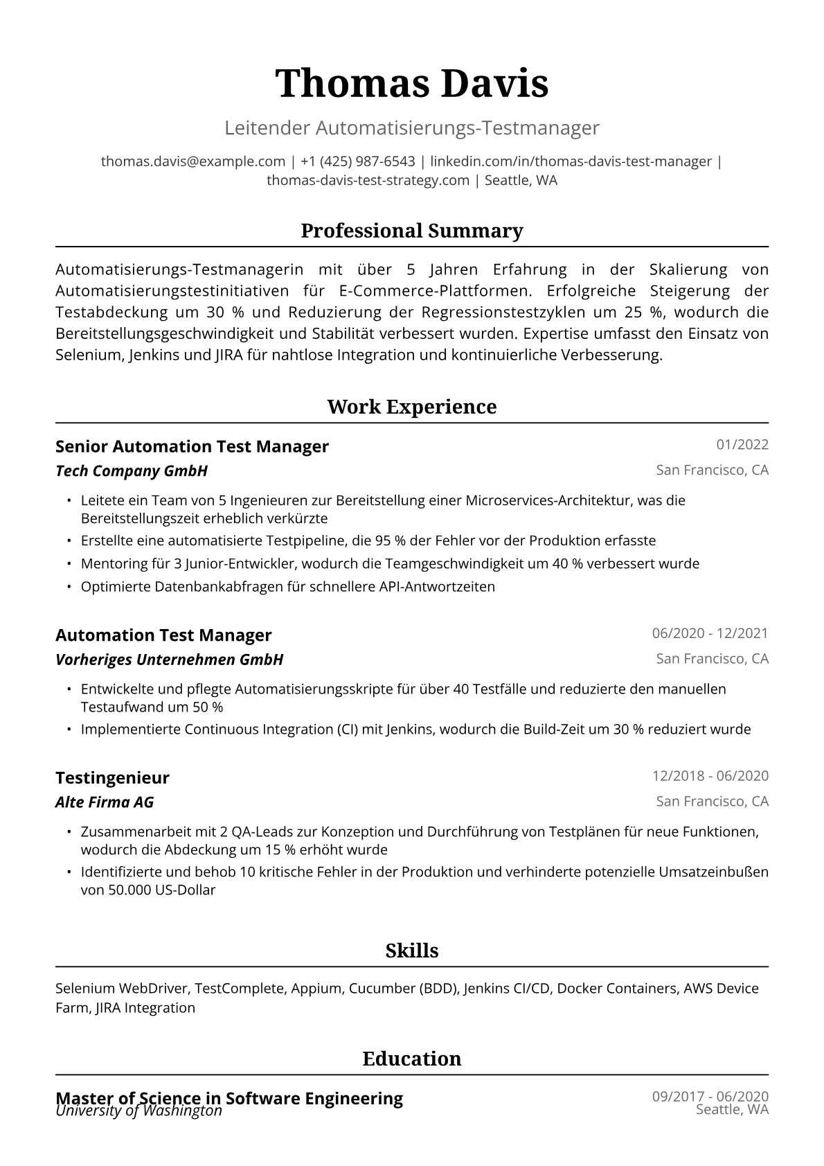 Lebenslauf-Beispiel: Automatisierungs-Testmanagerin