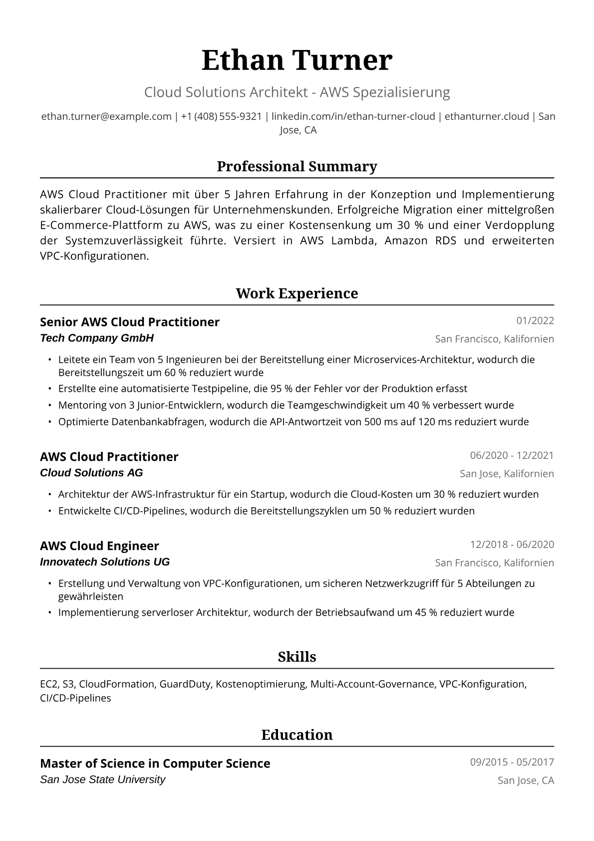AWS Cloud Practitioner Lebenslauf Beispiel