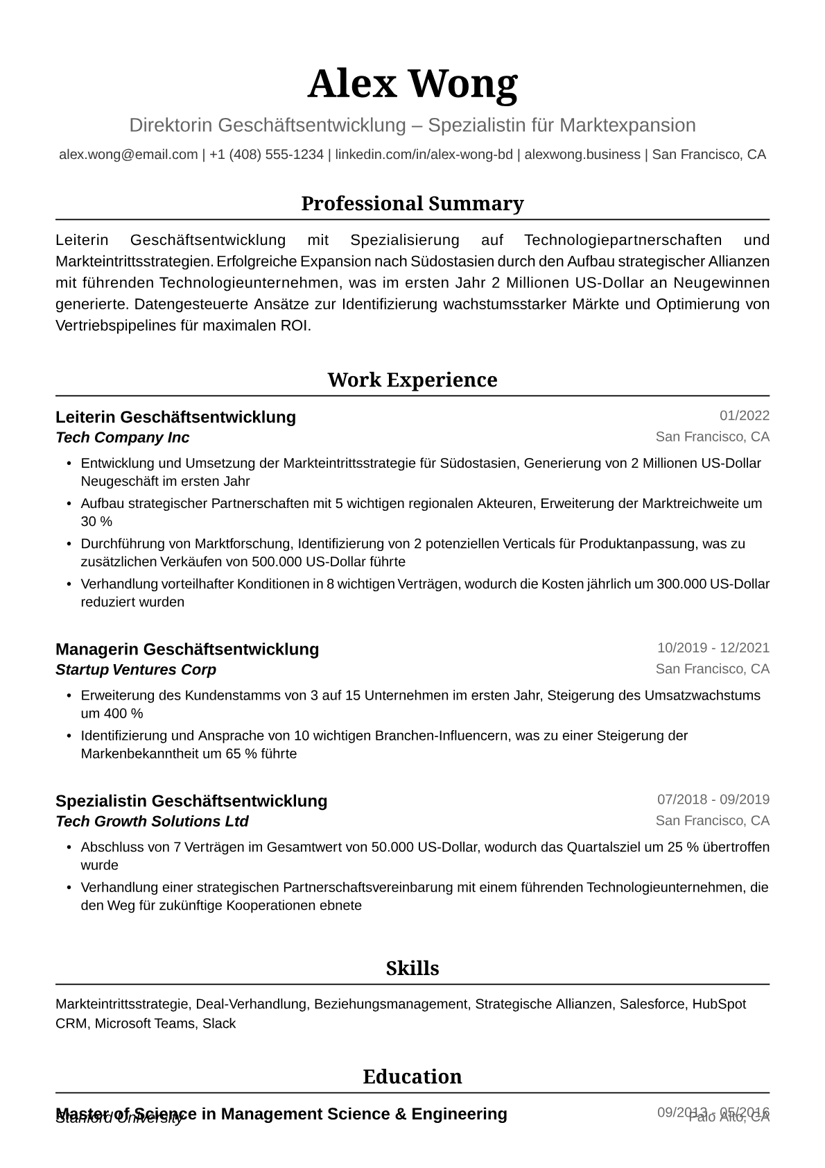 Lebenslauf-Beispiel: Leiterin Geschäftsentwicklung