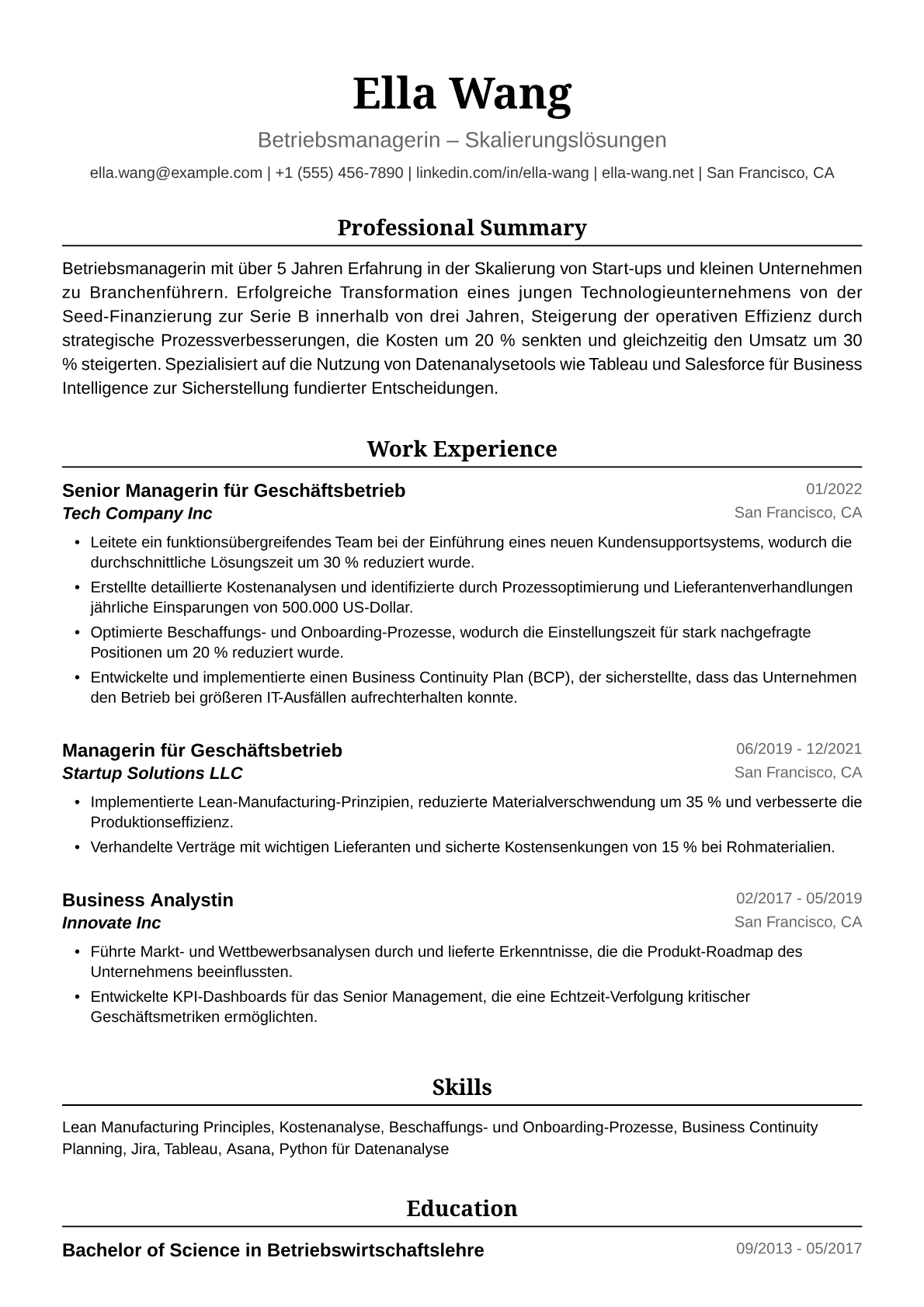 Musterlebenslauf Betriebsmanagerin