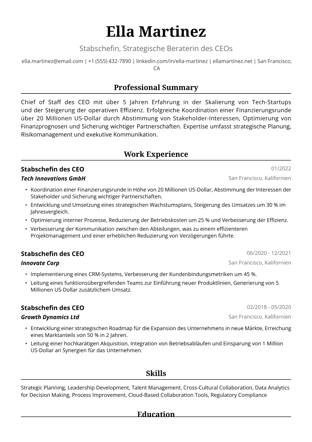 Lebenslauf-Beispiel: Stabschefin des CEO