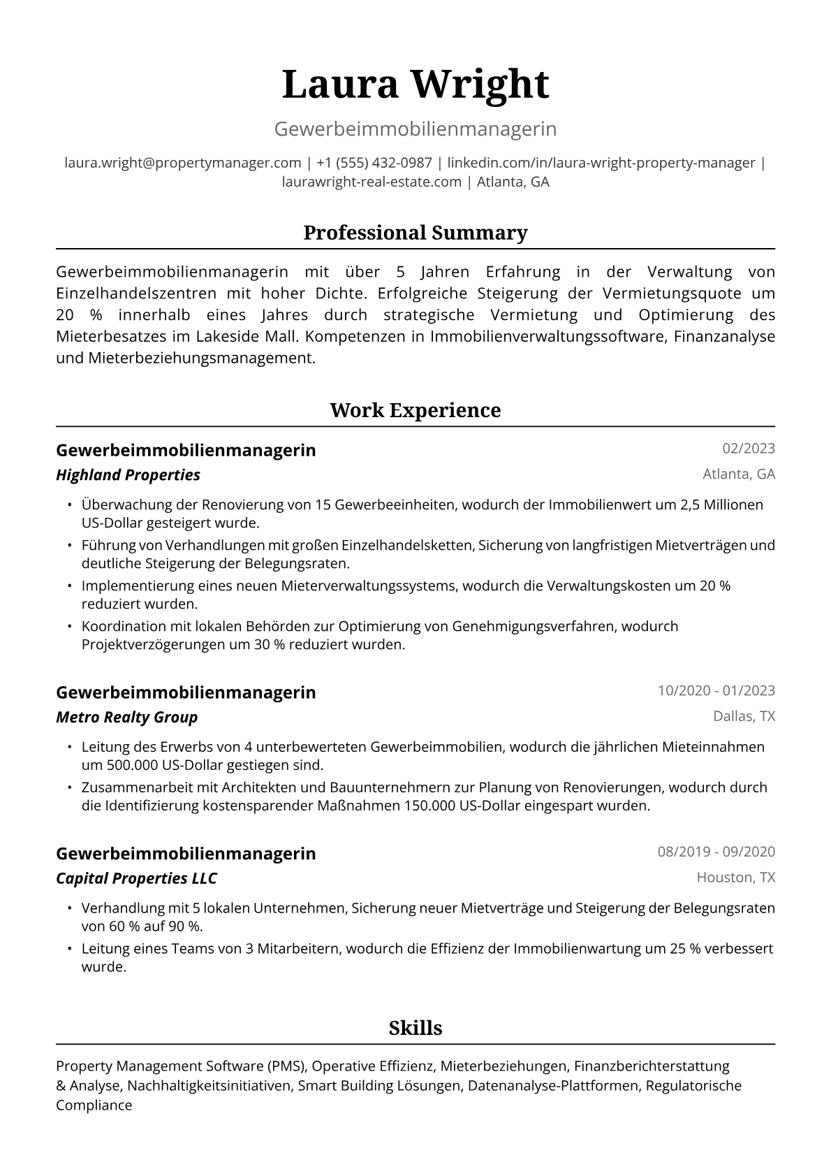 Beispiel-Lebenslauf für eine Gewerbeimmobilienmanagerin