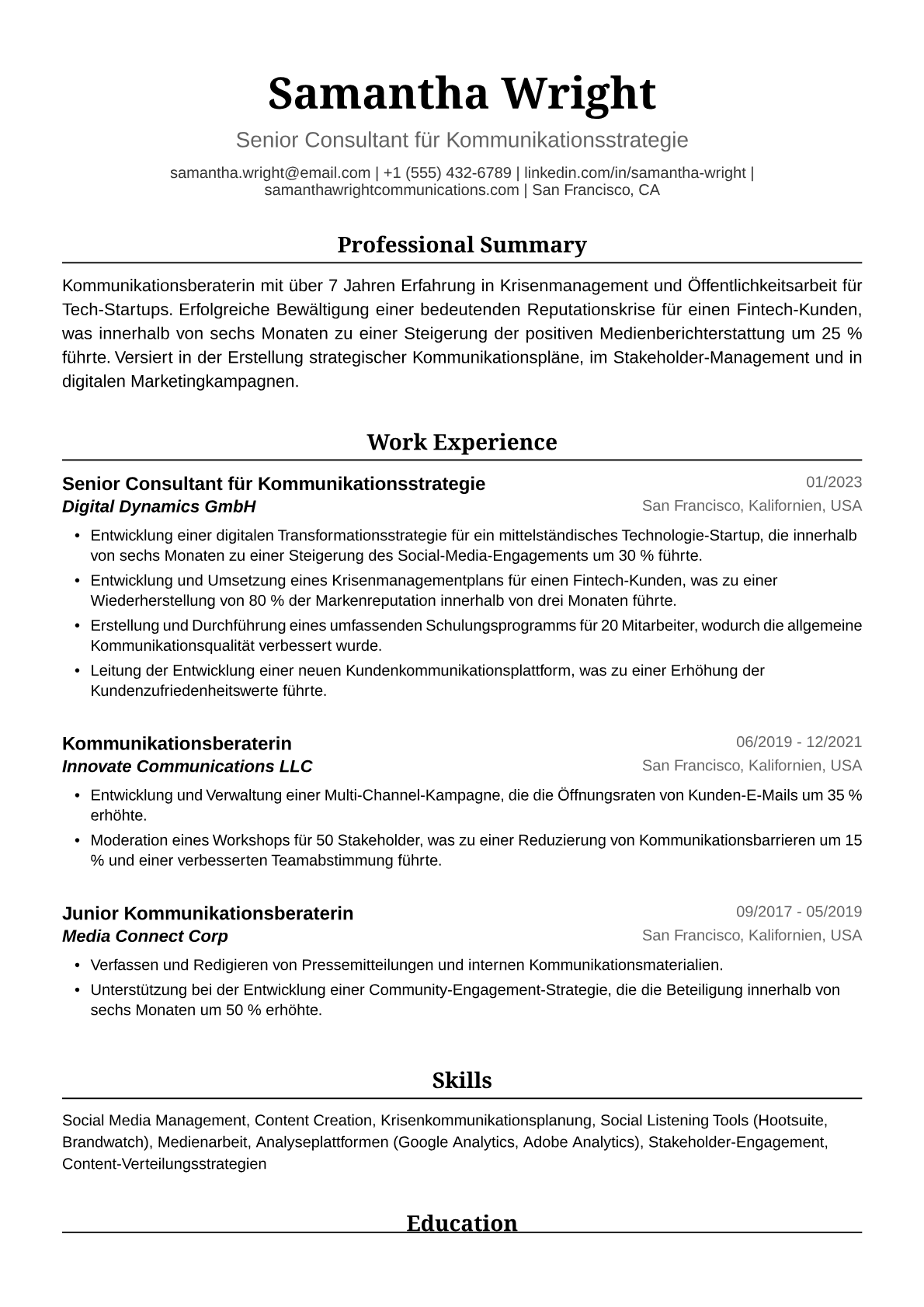 Lebenslaufmuster für Kommunikationsberaterin