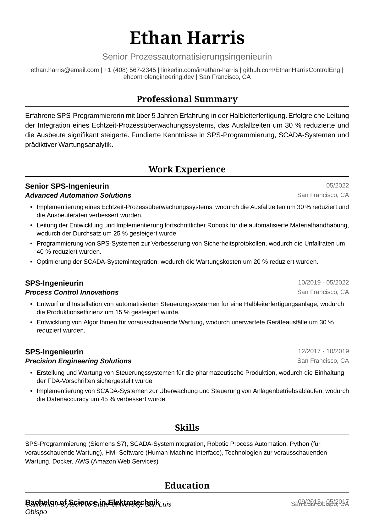 Lebenslauf Beispiel SPS-Programmiererin