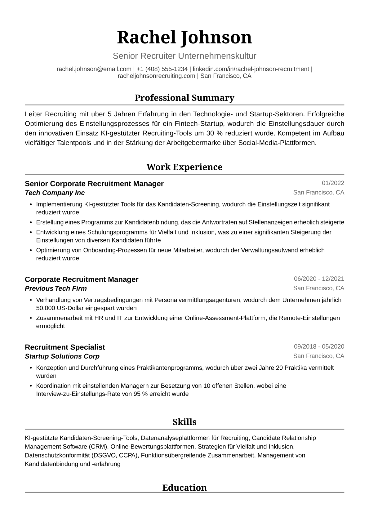 Lebenslauf-Beispiel: Manager Recruiting (w/m/d)