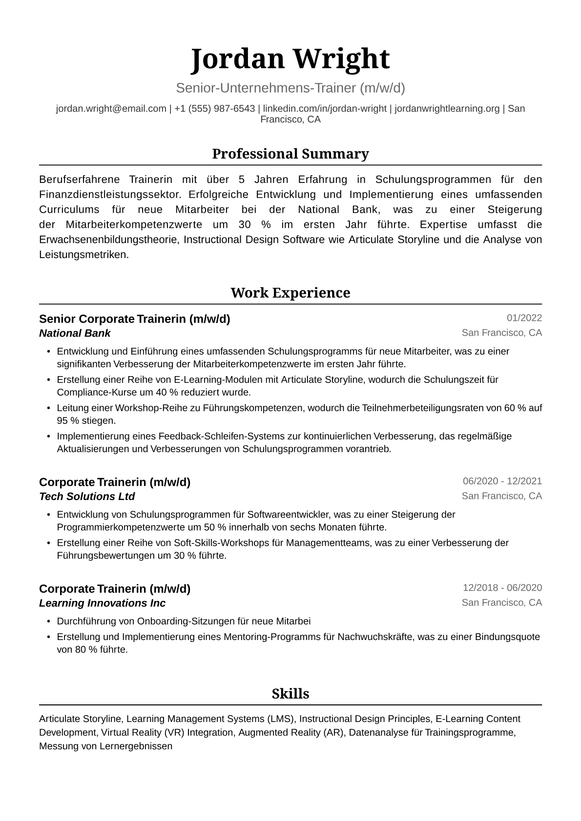 Musterlebenslauf für Firmentrainer (m/w/d)
