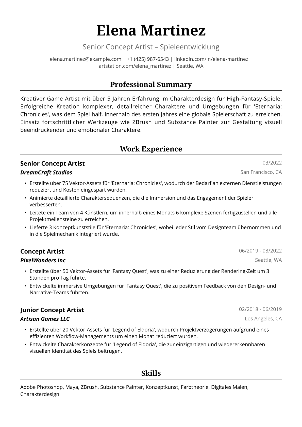 Lebenslauf Beispiel: Kreativer Game Artist