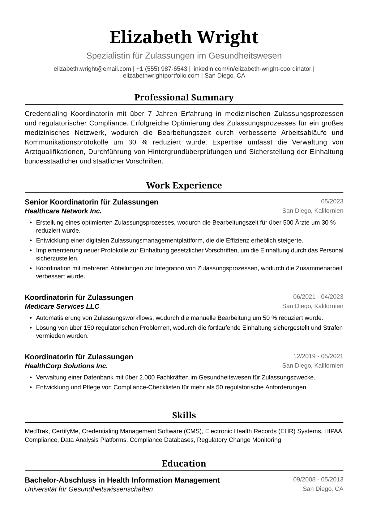 Musterlebenslauf: Credentialing Koordinatorin