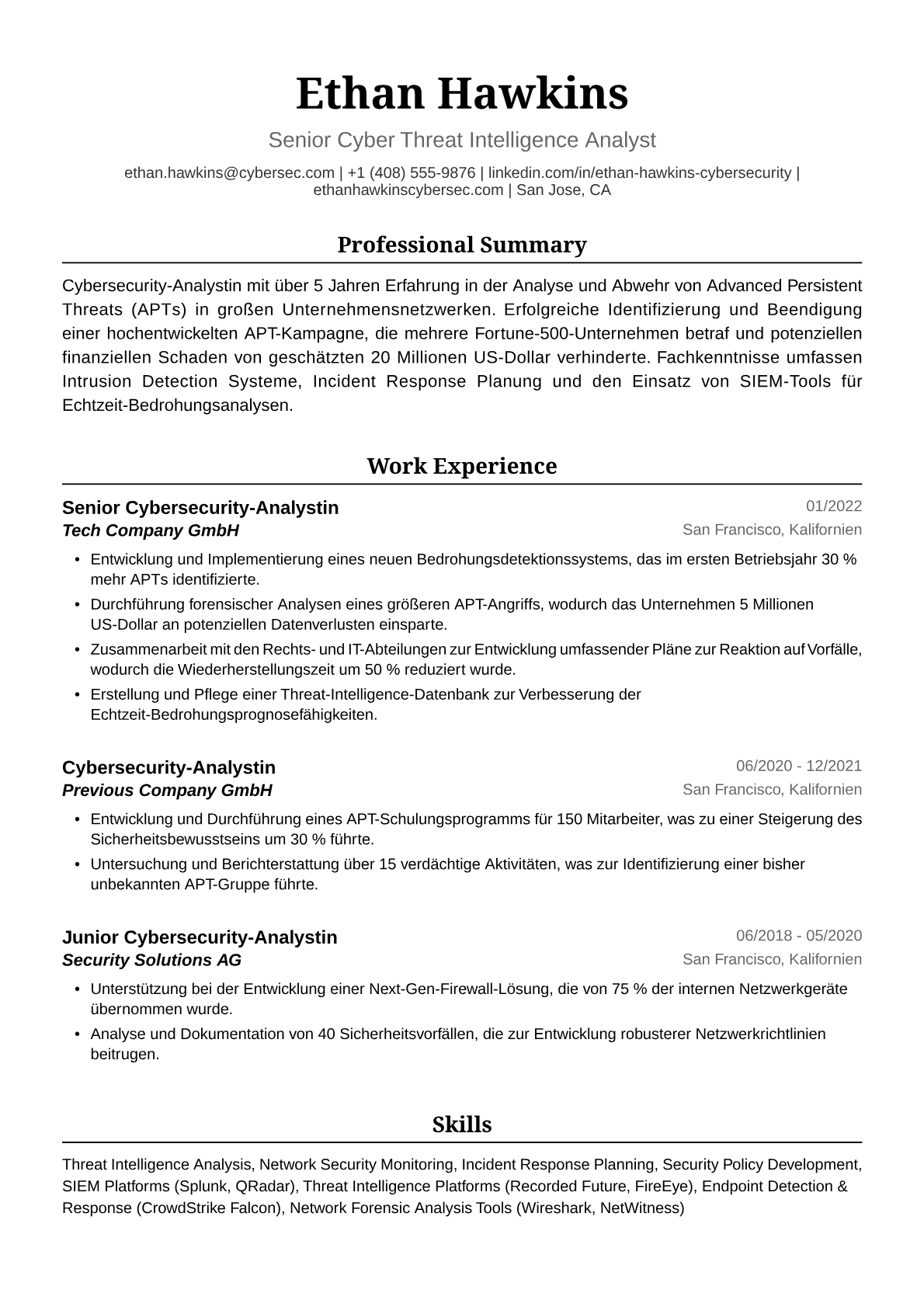 Lebenslaufbeispiel Cybersecurity Analystin