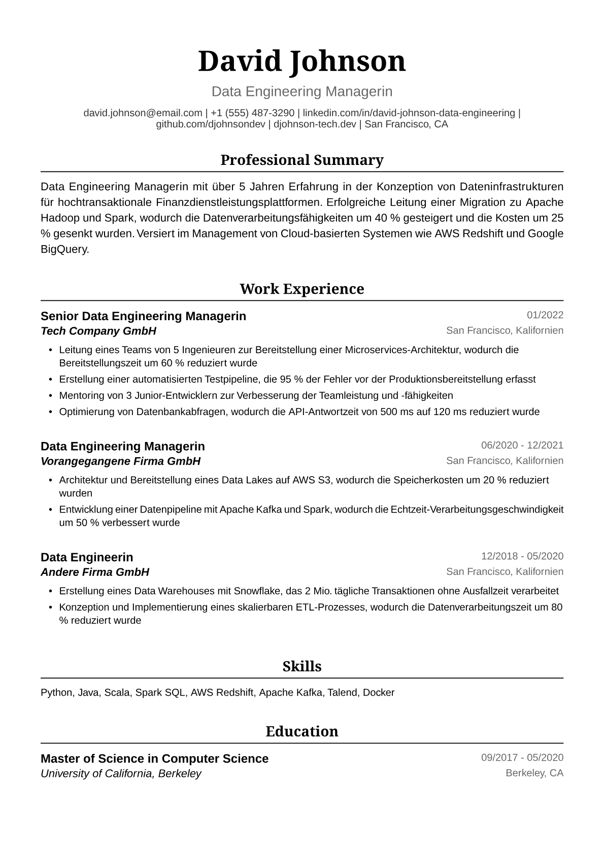 Lebenslauf-Beispiel: Data Engineering Managerin