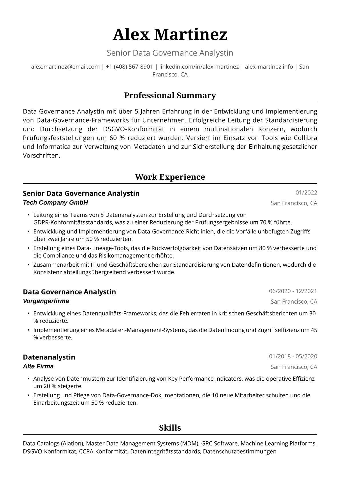 Beispiel-Lebenslauf für eine Data Governance Analystin