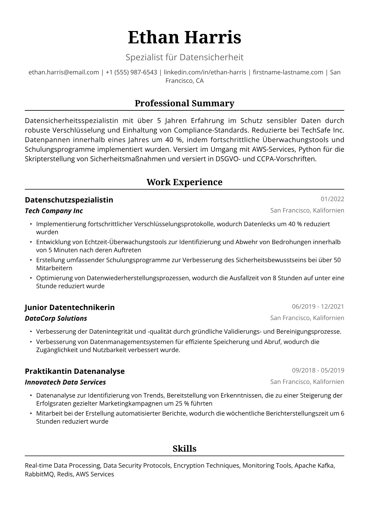 Lebenslauf Muster Datentechnikerin