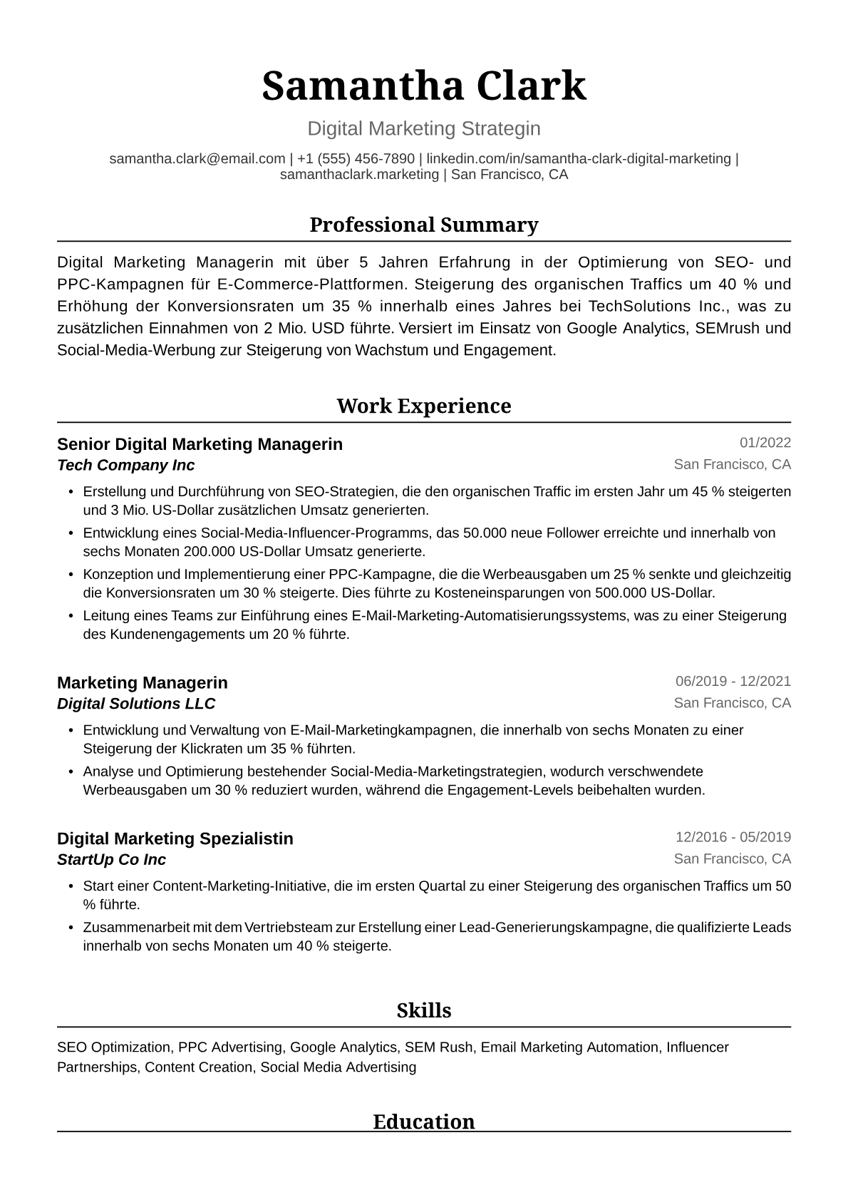 Musterlebenslauf Digital Marketing Managerin