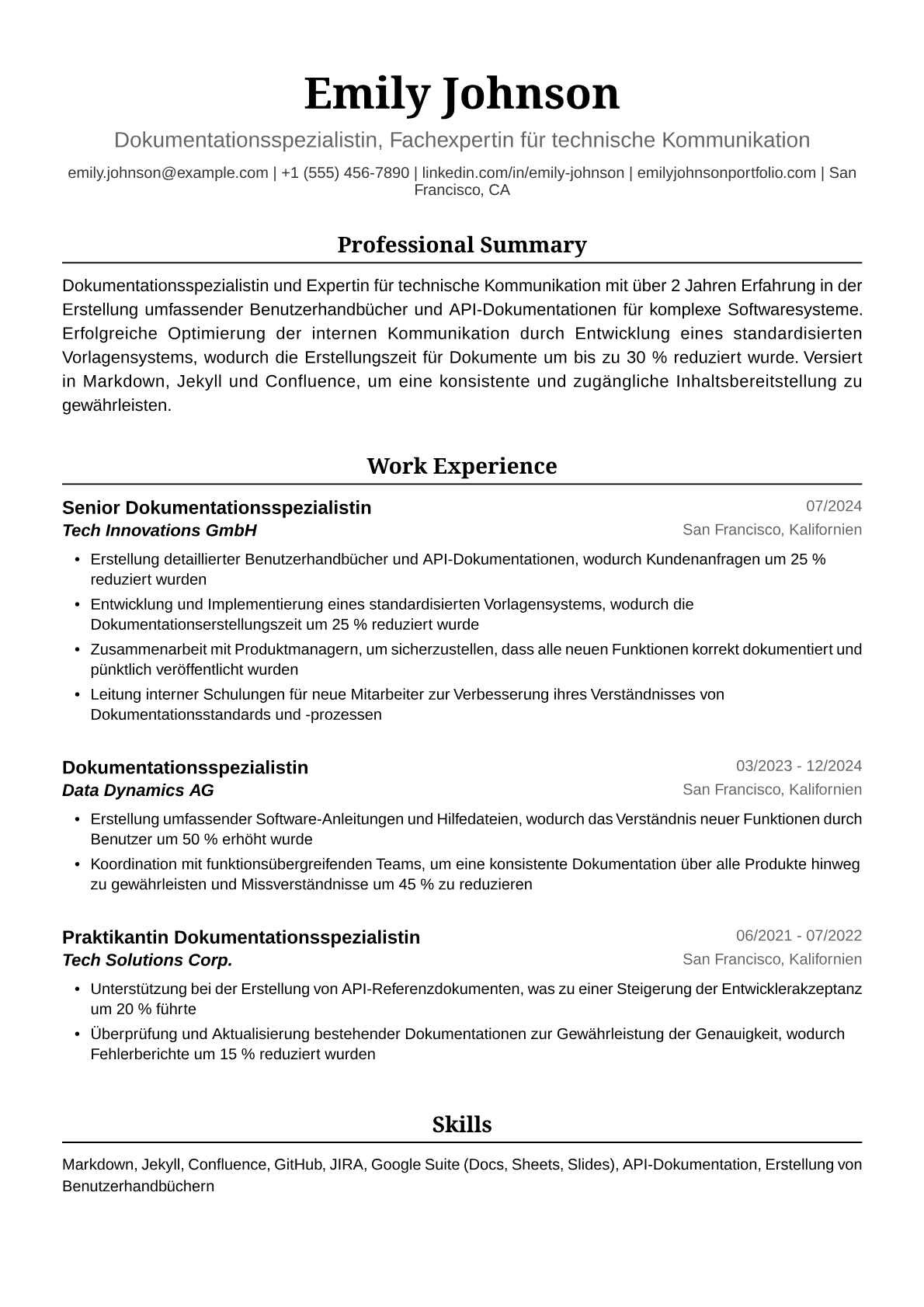 Musterlebenslauf für Dokumentationsspezialist/in