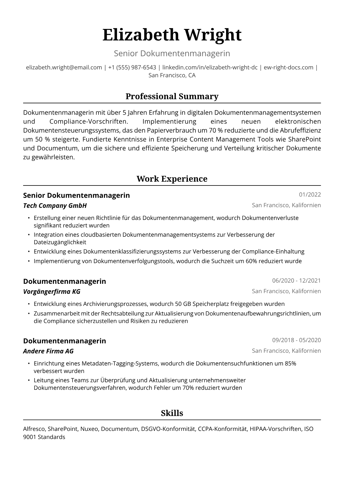 Musterlebenslauf Dokumentenmanagerin