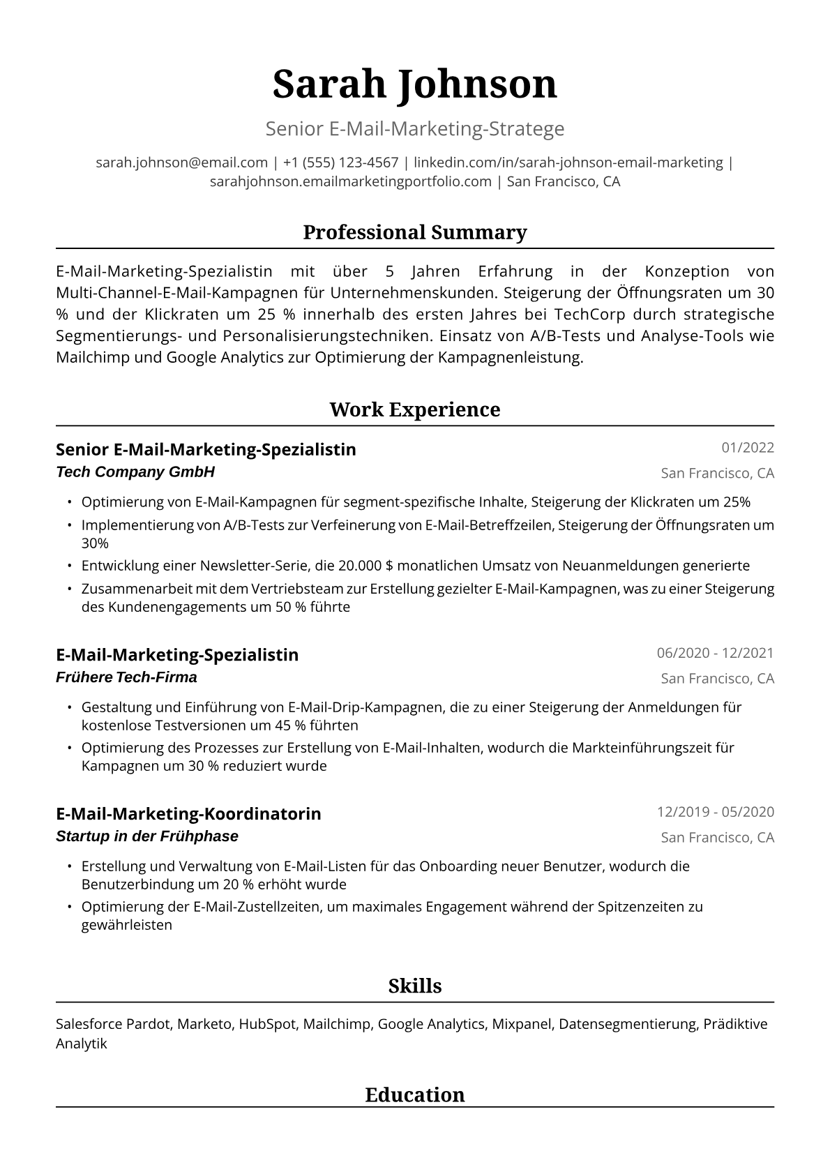 Lebenslaufbeispiel E-Mail-Marketing-Spezialistin
