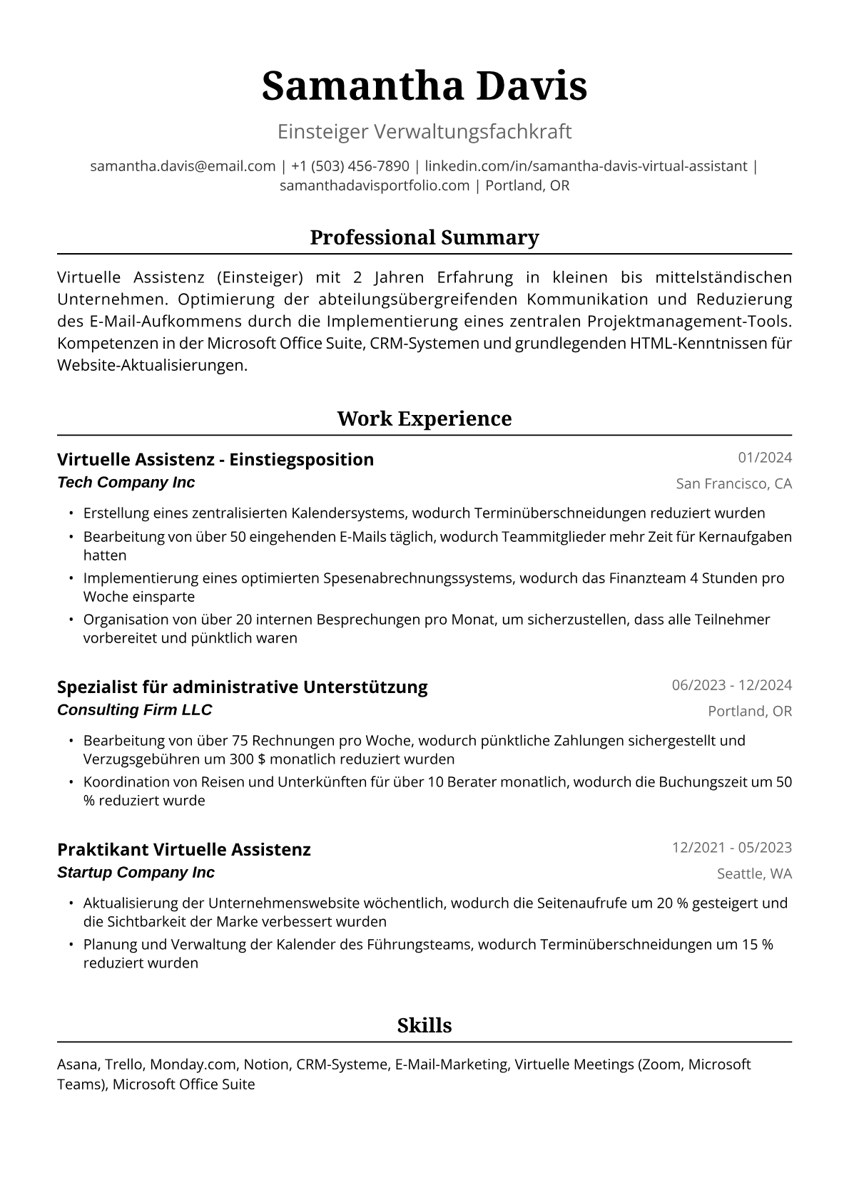 Lebenslauf Beispiel: Virtuelle Assistenz - Einstiegsposition