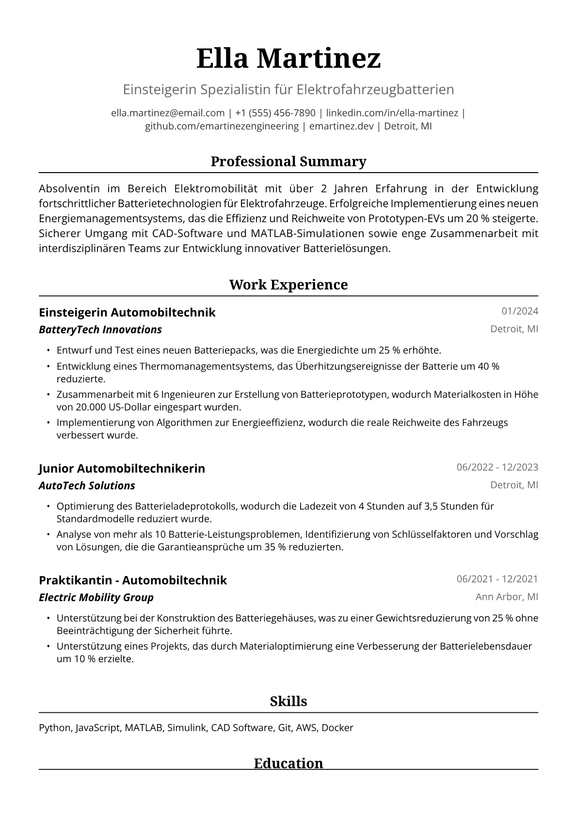 Beispiel-Lebenslauf für eine Einstiegslevel Automotive Ingenieurin