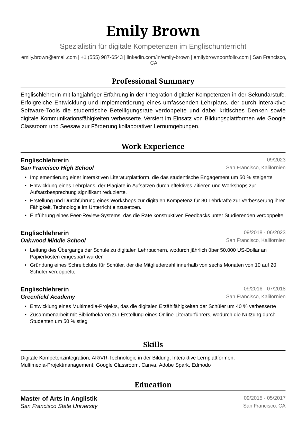Beispiel Lebenslauf Englischlehrerin