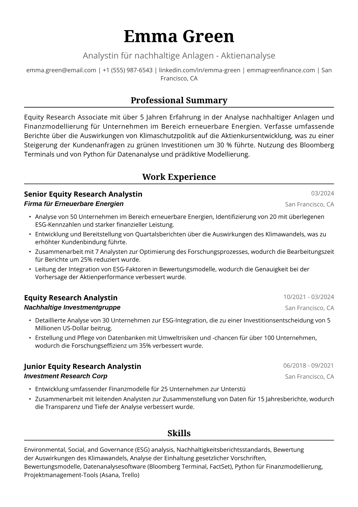 Lebenslauf Beispiel: Equity Research Assistentin
