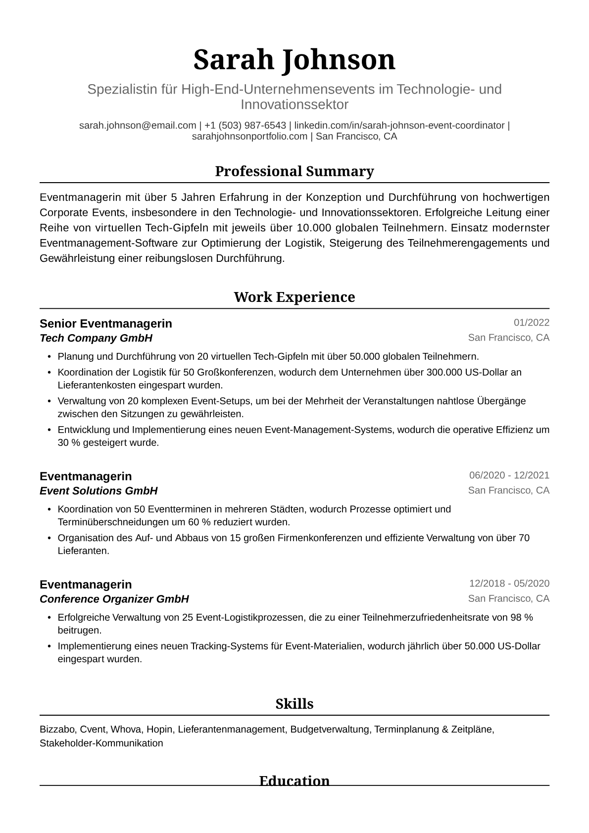 Musterlebenslauf Eventmanagerin