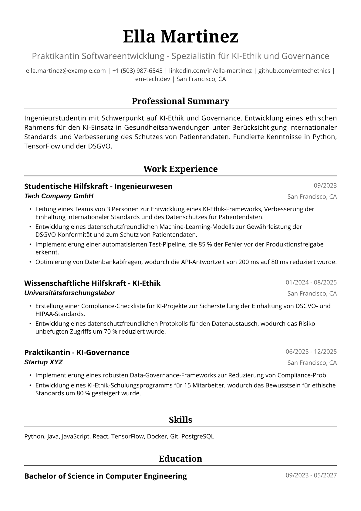 Lebenslauf Beispiel für Ingenieurstudentin