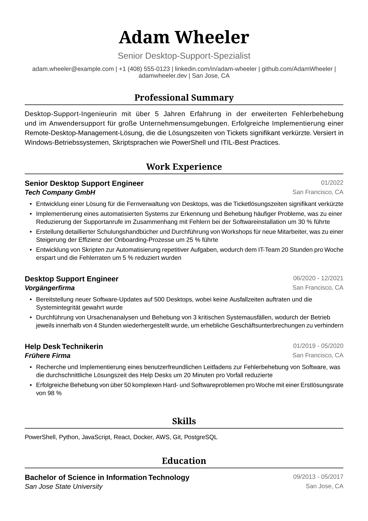 Lebenslauf Beispiel für eine IT-Support-Technikerin