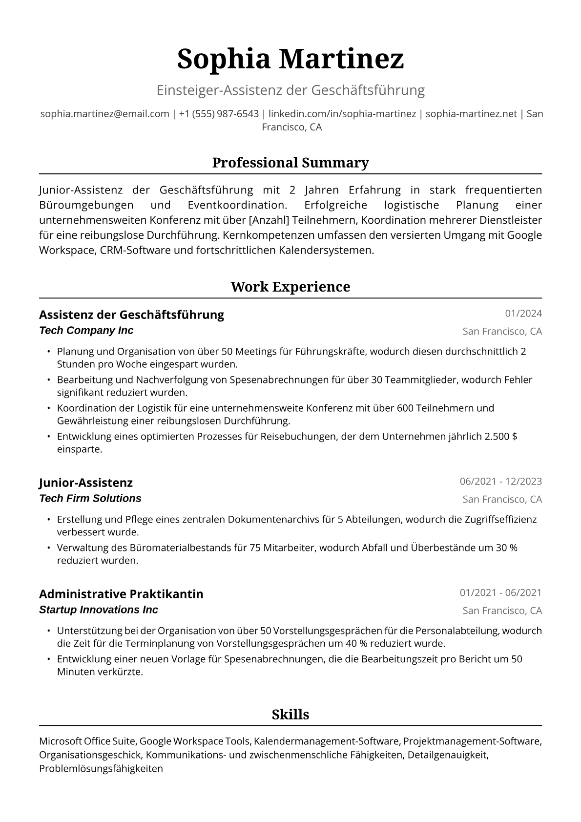 Lebenslauf-Beispiel für Junior-Assistenz der Geschäftsführung
