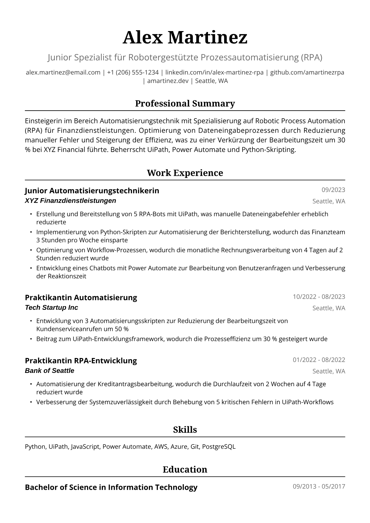 Bewerbungsbeispiel für Junior Automatisierungstechnikerin