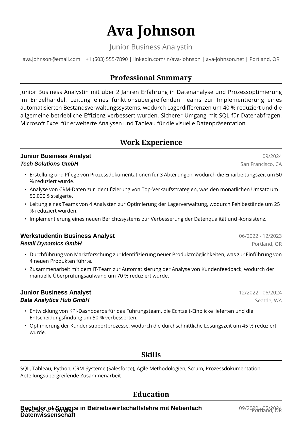 Lebenslauf-Beispiel für Junior Business Analystin
