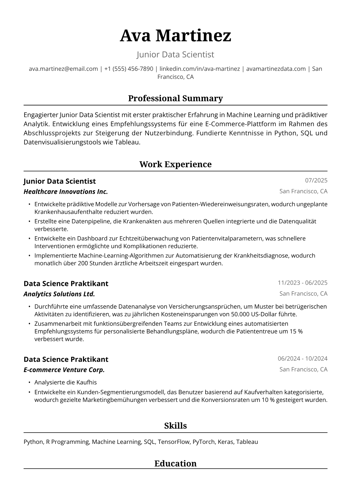 Lebenslauf-Beispiel für Junior Data Scientist